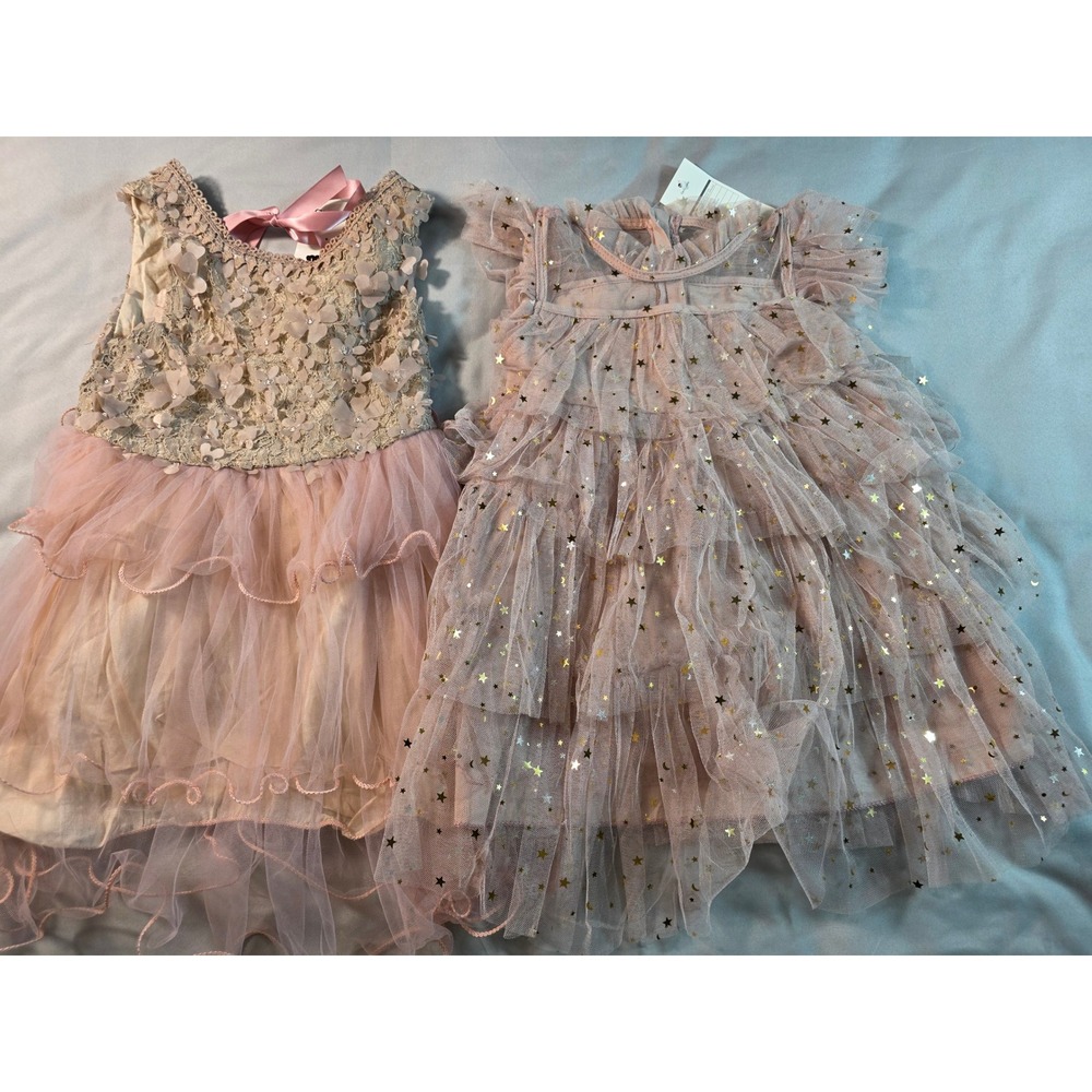 NNJXD Tulle Party Dress Kids 2-3T Pink Floral Star Tiered Special Occasion 2pk
